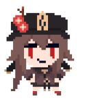  1girl animated animated_gif brown_hair chibi chinese_commentary commentary_request flower genshin_impact hair_between_eyes hat hat_flower helltaker helltaker_dance hu_tao_(genshin_impact) jitome looping_animation lowres pawamo_power pixel_art plum_blossoms ponytail porkpie_hat red_eyes smirk solo standing talisman tassel transparent_background twintails |_| 