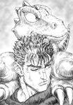  2boys absurdres berserk black_hair claws crossover dinosaur dinosaur_tail gon_(gon) gon_(manga) highres looking_to_the_side mad_sharpen male_focus multicolored_hair multiple_boys one_eye_closed scar scar_on_face scar_on_nose short_hair spiky_hair standing standing_on_shoulder streaked_hair tail 