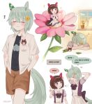  2girls animal_ears bangs black_shirt blush bow bowtie breast_pocket brown_hair brown_shorts closed_eyes closed_mouth ear_covers eighth_note flower green_hair hands_in_pockets horse_ears horse_girl horse_tail korean_text leaf minigirl multiple_girls musical_note nishino_flower_(umamusume) open_mouth own_hands_together plant pocket potted_plant purple_shirt rio_(rio_067) sailor_collar school_uniform seiun_sky_(umamusume) shirt short_hair short_sleeves shorts skirt sleeping smile sparkle speech_bubble tail tracen_school_uniform translation_request twitter_username umamusume white_shirt white_skirt window zzz 