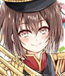  1girl alternate_costume band_uniform brown_eyes brown_hair close-up commentary_request dairyo3 epaulettes hair_ornament hat highres instrument kantai_collection sendai_(kancolle) short_hair solo trumpet two_side_up upper_body 