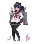  1girl ;) absurdres akatsuki_(kancolle) anchor_symbol animal bangs black_headwear black_pantyhose black_sailor_collar black_skirt blue_hair closed_mouth commentary_request dated flat_cap full_body grey_footwear hair_between_eyes hand_on_hip hand_up hat highres index_finger_raised inica kantai_collection loafers long_hair looking_at_viewer machinery neckerchief one_eye_closed pantyhose pleated_skirt rabbit red_neckerchief sailor_collar school_uniform serafuku shoes signature simple_background skirt smile solo very_long_hair violet_eyes white_background 
