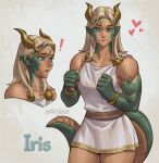  ! 1girl absurdres belt blonde_hair blue_eyes blush bracelet breasts character_name chiton clenched_hands collarbone colored_skin dragon_girl dragon_horns dragon_tail expressions greek_clothes green_skin highres horns jewelry m4rjinn medium_breasts medium_hair multicolored_skin muscular muscular_female nose_blush original pointy_ears scales slit_pupils solo standing tail thick_thighs thighs 