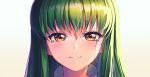  1girl bangs blush c.c. closed_mouth code_geass collar green_hair hair_between_eyes highres kurobi_(netisz) long_hair looking_at_viewer portrait simple_background smile solo straight-on tears white_background yellow_eyes 