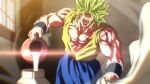  1boy blank_eyes blonde_hair blue_skirt blurry broly_(dragon_ball_super) chromatic_aberration depth_of_field dragon_ball dragon_ball_super dragon_ball_super_broly holding holding_jar jar legendary_super_saiyan lens_flare male_focus muscular muscular_male open_mouth pouring rom_(20) scar scar_on_arm scar_on_chest skirt solo super_saiyan window 