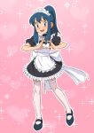  1girl absurdres apron bangs black_dress black_footwear blue_eyes blush commentary_request dress eyelashes frills full_body hands_up heart heart_hands highres hikari_(pokemon) knees looking_at_viewer maid maid_headdress miraa_(chikurin) neck_garter open_mouth outline pink_background pokemon pokemon_(anime) pokemon_dppt_(anime) ponytail raised_eyebrows shoes short_sleeves sidelocks smile solo sparkle sweatdrop thigh-highs tongue white_apron 