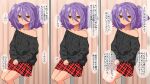  1girl :o bare_shoulders black_sweater blush brown_eyes buta_otoko highres looking_at_viewer original paid_reward_available plaid plaid_skirt purple_hair red_skirt short_hair skirt solo sweater translation_request 