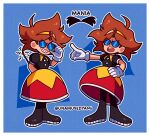  1girl antennae black_footwear boots dr._eggman dress eggette facial_hair glasses gloves highres looking_at_viewer mustache open_mouth pointing pointing_forward puffy_short_sleeves puffy_sleeves shirt short_sleeves simple_background skirt smile sonic_(series) spiky_hair twitter_username unamused unamusedyams white_gloves 