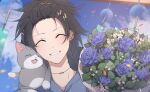  1boy ^_^ animal_on_shoulder bangs_pinned_back black_hair blue_flower blue_hoodie blue_rose blurry blurry_background bouquet cat choker closed_eyes clouds commentary confetti dated_commentary day ear_piercing earrings facing_viewer flower grey_cat grin hair_ornament hairclip happy highres holostars hood hood_down hoodie jewelry kanade_izuru lightning_bolt_hair_ornament lightning_bolt_symbol male_focus nekoromancer official_alternate_costume piercing portrait rose short_hair smile solo virtual_youtuber white_flower wind_chime 