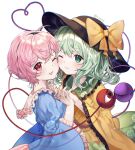  2girls bangs black_headwear blue_shirt blurry blush bow chromatic_aberration commentary_request depth_of_field floral_print frilled_shirt_collar frilled_sleeves frills green_eyes green_hair green_skirt hair_between_eyes hair_ornament hairband hat hat_bow heart heart_hair_ornament heart_of_string highres komeiji_koishi komeiji_satori long_sleeves looking_at_another multiple_girls one_eye_closed open_mouth pink_eyes pink_hair pink_skirt shirt short_hair siblings sisters skirt third_eye timins touhou upper_body white_background wide_sleeves yellow_bow yellow_shirt yuri 