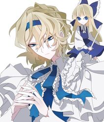  2girls alice_margatroid blonde_hair blue_bow blue_dress blue_eyes blue_hairband bow capelet closed_mouth dress hair_between_eyes hair_bow hairband highres holding holding_sword holding_weapon long_hair looking_at_viewer multiple_girls nubezon own_hands_together shanghai_doll short_hair simple_background sword touhou upper_body weapon white_background white_capelet 