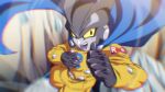  1boy android blue_cape cape chromatic_aberration colored_sclera dragon_ball dragon_ball_super dragon_ball_super_super_hero gamma_2 male_focus motion_blur open_mouth pointing pointing_at_self red_ribbon_army rom_(20) smile solo upper_body yellow_sclera 