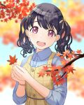  artist_request autumn_leaves black_hair blue_shirt blurry blurry_background commentary_request dress fangs fukumaru_koito hair_ribbon highres idolmaster idolmaster_shiny_colors leaf looking_at_viewer maple_leaf open_mouth plaid plaid_dress ribbon shirt skin_fangs twintails upper_body violet_eyes yellow_dress 