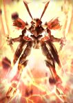  absurdres dual_wielding electricity fire full_body gundam gundam_00 highres holding holding_sword holding_weapon looking_at_viewer mecha mobile_suit robot solo straight-on susanoo_(gundam) sword taka-f v-fin weapon 