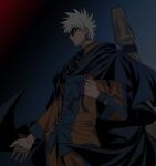  1boy black_cape blue_background brown_jacket brown_pants cape cowboy_shot earrings gradient gradient_background grey_hair highres jacket jewelry long_sleeves male_focus okurase orange_jacket pants rurouni_kenshin short_hair spiky_hair standing sunglasses yukishiro_enishi 