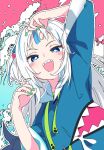  1girl :d blue_eyes blue_hair blue_jacket blush_stickers fingernails gawr_gura green_nails hololive hololive_english ixy jacket long_hair long_sleeves looking_at_viewer multicolored_hair nail_polish open_mouth sharp_teeth smile solo teeth two-tone_hair upper_teeth virtual_youtuber white_hair 