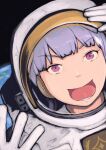  1girl :d arm_up astronaut bangs commentary ear_covers earth_(planet) gloves gold_ship_(umamusume) hand_up highres planet pun purple_hair smile solo space space_helmet spacesuit star_(sky) umamusume v-shaped_eyebrows vent_arbre violet_eyes white_gloves 
