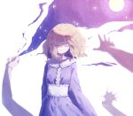 1girl arms_at_sides blonde_hair closed_eyes closed_mouth collared_dress commentary dress eyebrows_hidden_by_hair facing_viewer full_moon hair_between_eyes highres long_sleeves maribel_hearn medium_hair moon nama_udon no_headwear purple_dress smile solo star_(sky) touhou upper_body 