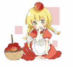  1girl apple apron basket blonde_hair blush braid chibi collared_dress dress flower food food-themed_clothes fruit full_body green_eyes hair_flower hair_ornament hand_up long_hair looking_at_viewer original puffy_short_sleeves puffy_sleeves red_apple red_dress short_eyebrows short_sleeves solo thick_eyebrows tsukiyo_(skymint) twin_braids white_apron white_flower 