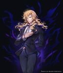  1boy belt black_coat black_pants blonde_hair blue_eyes closed_mouth coat english_text frankenstein_(noblesse) hand_on_own_chest hero_cantare highres long_hair long_sleeves looking_at_viewer male_focus noblesse official_art pants shirt simple_background smile solo white_shirt yagaaaa 