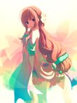  1girl absurdly_long_hair bangs brown_hair dress flower from_side hair_flower hair_ornament highres isumi_(yangyan) light_brown_hair long_hair looking_at_viewer low_ponytail original strapless strapless_dress very_long_hair violet_eyes 