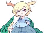  1girl @_@ antlers blonde_hair blue_shirt blue_skirt blush_stickers closed_mouth dragon_horns dragon_tail fried_rice0614 hand_on_hip horns kicchou_yachie one-hour_drawing_challenge pleated_skirt red_eyes shirt short_hair short_sleeves skirt smile solo tail touhou turtle_shell upper_body yellow_horns 