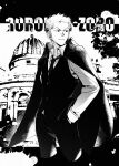  1boy alternate_costume coat coat_on_shoulders cropped_legs formal fuchio greyscale hands_in_pockets highres long_sideburns looking_to_the_side male_focus monochrome necktie one_piece roronoa_zoro short_hair sideburns solo vest 