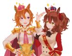  2girls animal_ears arm_behind_back armor aston_machan_(umamusume) bangs blush bow bowtie breasts brooch brown_hair closed_mouth corset crown fingerless_gloves gloves green_eyes hand_on_hip hand_on_own_chest horse_ears jewelry long_hair looking_at_another medium_breasts multiple_girls multiple_rings open_mouth orange_hair red_shirt ring rio_(rio_067) sash shirt short_hair shoulder_armor shoulder_sash single_glove small_breasts sparkle t.m._opera_o_(umamusume) umamusume upper_body vest violet_eyes white_background white_shirt white_vest 