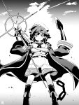  1girl anchor belt breasts cape chain clouds crossed_arms diffraction_spikes from_below glint hat jacket jacket_on_shoulders legs_apart medium_breasts messy_hair midriff monochrome murasa_minamitsu navel outdoors serious shorts solo standing tanasuke touhou touhou_gouyoku_ibun v-shaped_eyebrows 