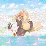  1girl animal black_cat black_dress blue_sky boat bouquet bow broom broom_riding brown_eyes brown_hair building carrying_bag cat cityscape clouds day dress floating_hair flower flying hair_bow highres kiki_(majo_no_takkyuubin) landscape leaf light_particles looking_at_viewer majo_no_takkyuubin momochy ocean open_mouth pastel_colors pink_flower pink_rose pink_tulip plant red_bow red_flower red_rose rose ship short_hair sky studio_ghibli town tree tulip water watercraft yellow_bag 