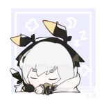  1girl arknights black_gloves character_name chibi closed_eyes commentary_request crescent dated facing_viewer gloves grey_hair head_scarf purple_background short_eyebrows single_glove sleeping solo thick_eyebrows two-tone_background user_wkxd4237 weedy_(arknights) white_background zzz 