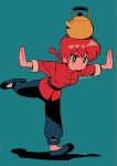  1girl aqua_background blush_stickers braid braided_ponytail breasts closed_mouth full_body highres kettle menma_(enaic31) ranma-chan ranma_1/2 redhead shadow simple_background solo standing standing_on_one_leg twitter_username 