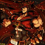  1boy abs artist_name belt brown_hair embers fingerless_gloves gloves guilty_gear headband holding holding_sword holding_weapon long_hair looking_at_viewer male_focus muscular muscular_male open_mouth over_shoulder pectoral_cleavage pectorals ponytail red_eyes simple_background sol_badguy solo spiky_hair suparu_(detteiu) sword sword_over_shoulder weapon weapon_over_shoulder 