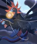  blurry clouds commentary_request energy_ball fangs flying hydreigon night no_humans open_mouth outdoors pokemon pokemon_(creature) sky solo tongue urotsua 