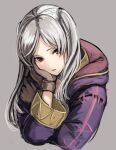  1girl bangs brown_eyes brown_gloves coat cropped_torso fire_emblem fire_emblem_awakening gloves grey_background grey_hair haru_(nakajou-28) head_rest hood hood_down hooded_coat long_hair open_mouth parted_bangs purple_coat robin_(fire_emblem) robin_(fire_emblem)_(female) simple_background sketch solo twintails upper_body 