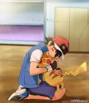  1boy :d ash_ketchum bangs black_gloves black_hair blue_jacket closed_eyes coffee-break commentary_request dynamax_band fingerless_gloves gloves hat highres holding holding_pokemon hug jacket male_focus open_mouth pikachu pokemon pokemon_(anime) pokemon_(creature) pokemon_journeys red_headwear shirt shoes short_hair short_sleeves shorts sleeveless sleeveless_jacket smile teeth tongue white_shirt 