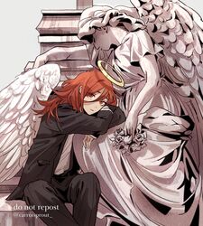  1boy 1girl angel angel_devil_(chainsaw_man) angel_statue angel_wings black_jacket black_pants carrotsprout chainsaw_man collared_shirt crossed_arms feathered_wings flower grey_background hair_between_eyes halo highres holding holding_flower jacket leaning_forward long_hair looking_at_viewer necktie orange_hair pants robe shirt solo_focus statue white_shirt white_wings wings 