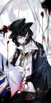  a_chxoblc absurdres black_hair blood blood_on_clothes cape colored_skin hat highres short_hair solo white_skin yellow_eyes 