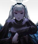  1girl black_clover black_robe crown feathered_wings grey_hair halo highres holding holding_wand looking_at_viewer noelle_silva poonwip robe solo twintails twitter_username violet_eyes wand water_wings white_background wings 