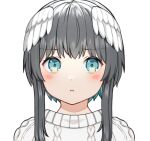  1girl :i aran_sweater black_hair blue_eyes blue_hair blush closed_mouth commentary_request feathered_wings head_wings kurata_rine looking_at_viewer multicolored_hair original pout short_hair_with_long_locks simple_background solo sweater two-tone_hair upper_body white_background white_sweater white_wings wings 