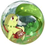  animal_focus badge bag border bush chikorita chinese_commentary clouds commentary_request day fisheye full_body fushigi_no_dungeon green_theme leaf looking_up mew_kate no_humans open_mouth outdoors pokemon pokemon_(creature) pokemon_(game) pokemon_mystery_dungeon rain red_eyes round_image solo standing water_drop white_border 