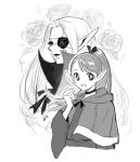  1boy 1girl dungeon_meshi elf eyelashes eyepatch flower frs2 greyscale high_collar long_hair looking_at_viewer looking_to_the_side marcille monochrome pointy_ears ponytail robe rose smile succubus_(dungeon_meshi) 