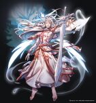  1boy barefoot english_text floating floating_object gem hero_cantare highres long_hair long_sleeves looking_at_viewer midair official_art open_mouth red_gemstone smile sword tower_of_god weapon white_(tower_of_god) white_eyes white_hair yagaaaa 