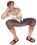  1boy abs beard brown_pants closed_eyes dm_0820 dress_shirt facial_hair hand_on_own_face highres invisible_chair male_focus muscular muscular_male one_piece pants partially_unbuttoned pectoral_cleavage pectorals redhead sandals scar scar_across_eye scar_on_face shanks_(one_piece) shirt short_hair sitting white_background white_shirt 
