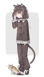  1girl absurdres animal_ears black_hair black_pajamas black_pants cat cat_ears cat_girl cat_tail closed_eyes closed_mouth from_side full_body highres kurioshi_fio messy_hair original pajamas pants satou_(3366_s) short_hair simple_background sleepy standing tail white_background 