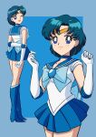  absurdres back_bow bishoujo_senshi_sailor_moon blue_background blue_choker blue_eyes blue_hair blue_sailor_collar blue_skirt boots bow choker dual_persona earrings elbow_gloves from_behind gloves highres jewelry mizuno_ami one_eye_closed sailor_collar sailor_mercury sailor_senshi_uniform short_hair skirt smile tiara user_zjfh5872 white_gloves 