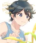  1boy absurdres bangs black_hair blue_shirt character_name closed_mouth commentary_request confetti dated elio_(pokemon) grey_eyes hand_up happy_birthday highres male_focus pokemon pokemon_adventures shirt short_hair sleeveless sleeveless_shirt solo tank_top tsukimi_(tkm_516) upper_body 