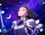  1girl armor black_hair blue_eyes braid breastplate floating_hair gauntlets holding holding_sword holding_weapon lens_flare long_hair looking_up moon open_mouth petals ronye_arabel shoulder_armor single_braid sky solo star_(sky) starry_sky sword sword_art_online upper_body weapon 