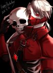  1boy aesop_carl black_background black_nails blue_mix_white coat dated happy_birthday highres identity_v jacket long_hair long_sleeves looking_at_viewer male_focus mask mouth_mask red_coat red_eyes red_jacket skull solo white_hair 