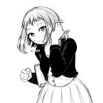  1girl adjusting_hair alternate_costume bag bangs bk_n_wh boku_no_hero_academia dress greyscale hand_in_own_hair handbag hands_up highres looking_at_viewer monochrome shirt short_hair sidelocks solo uraraka_ochako 