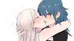  2girls arm_around_neck bare_arms black_shirt blue_eyes blue_hair blush byleth_(fire_emblem) byleth_eisner_(female) closed_eyes edelgard_von_hresvelg fire_emblem fire_emblem:_three_houses french_kiss hair_down hand_in_another&#039;s_hair heart kiss long_hair looking_at_another multiple_girls open_mouth portrait ribbed_sweater shiny shiny_hair shirt sketch sleeveless sleeveless_sweater straight_hair sweater tongue tongue_out white_background white_hair white_sweater yukiyanagi_raki yuri 